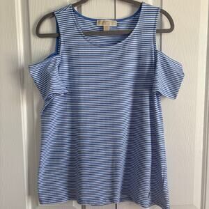 Michael Kors Women's Short Sleeve Cold Shoulder Top Pullover Blue White Stripe L